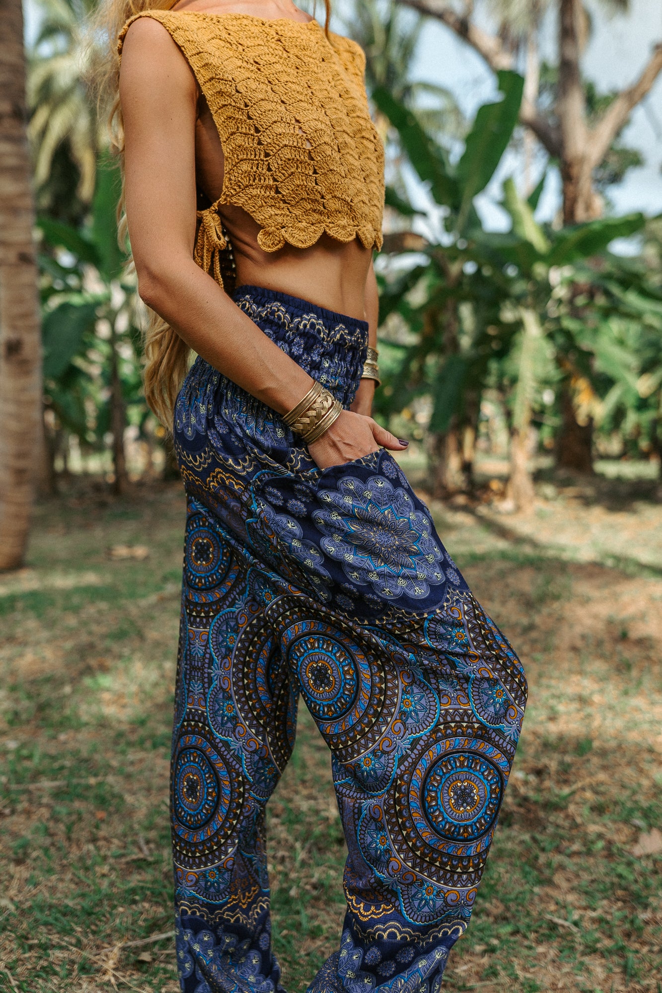 High Crotch Harem Pants - Geometric Mandala - Purple Blue