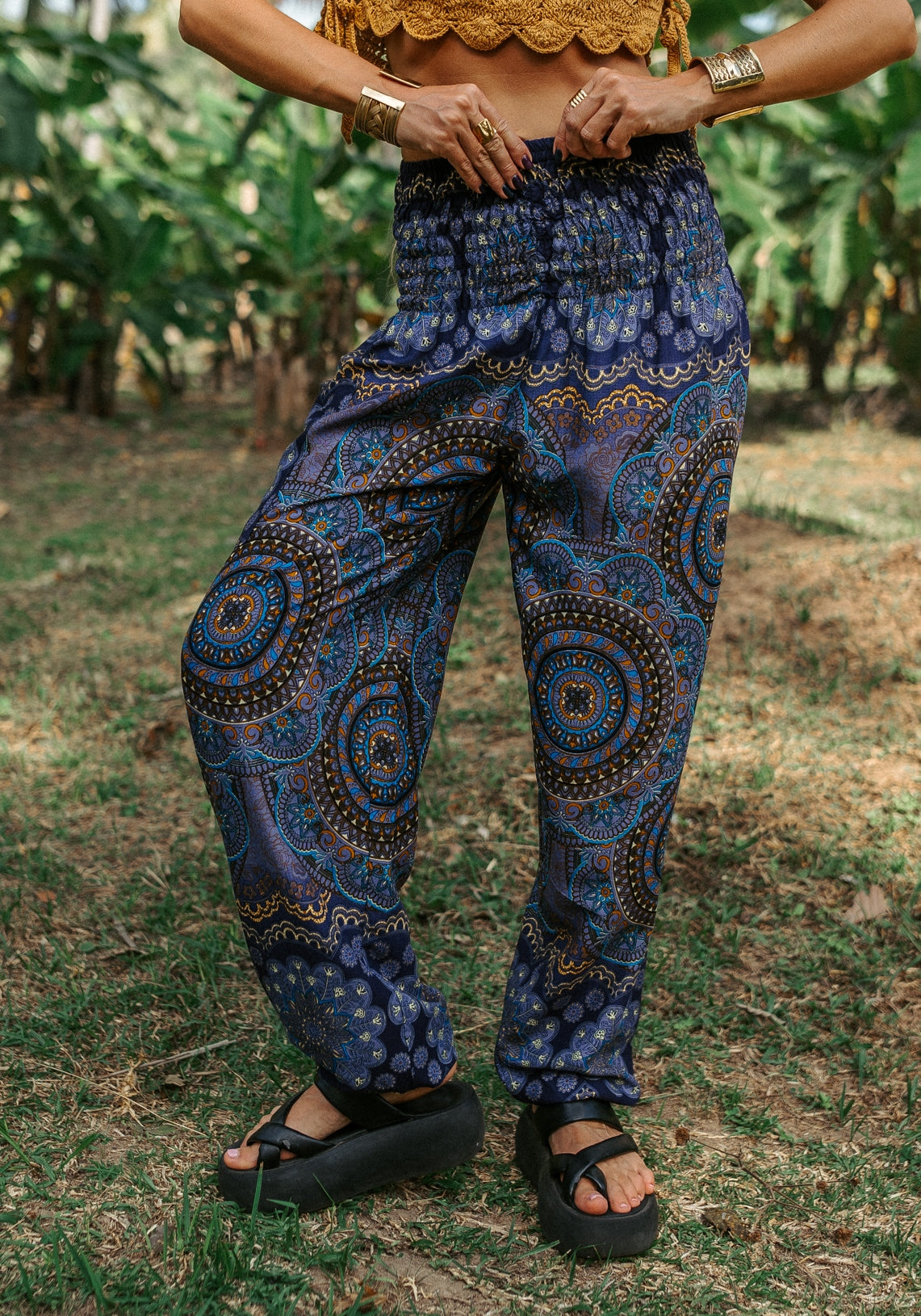 High Crotch Harem Pants - Geometric Mandala - Purple Blue