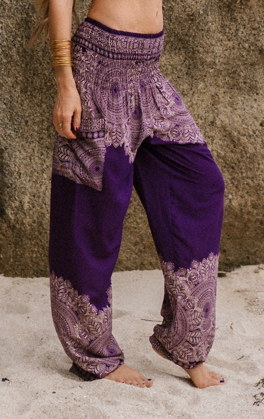 High Crotch Harem Pants - Plain Mandala Print - Purple