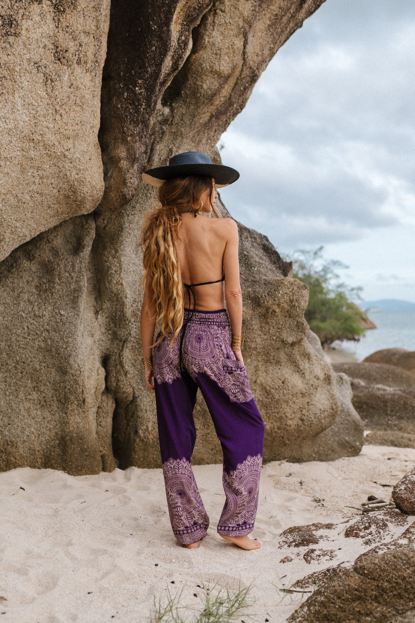 High Crotch Harem Pants - Plain Mandala Print - Purple