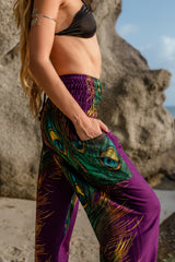 High Crotch Harem Pants - Flame Peacock Feather - Purple
