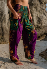 High Crotch Harem Pants - Flame Peacock Feather - Purple