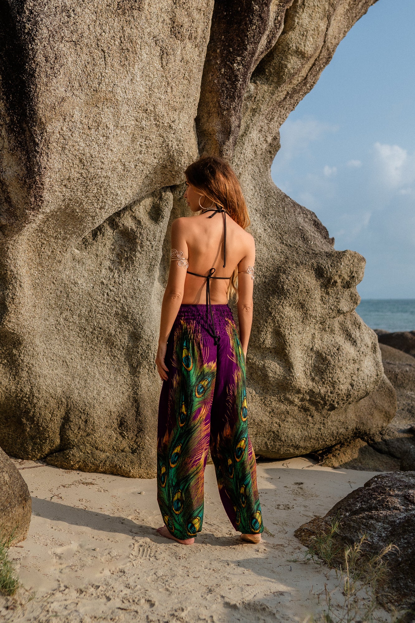 High Crotch Harem Pants - Flame Peacock Feather - Purple