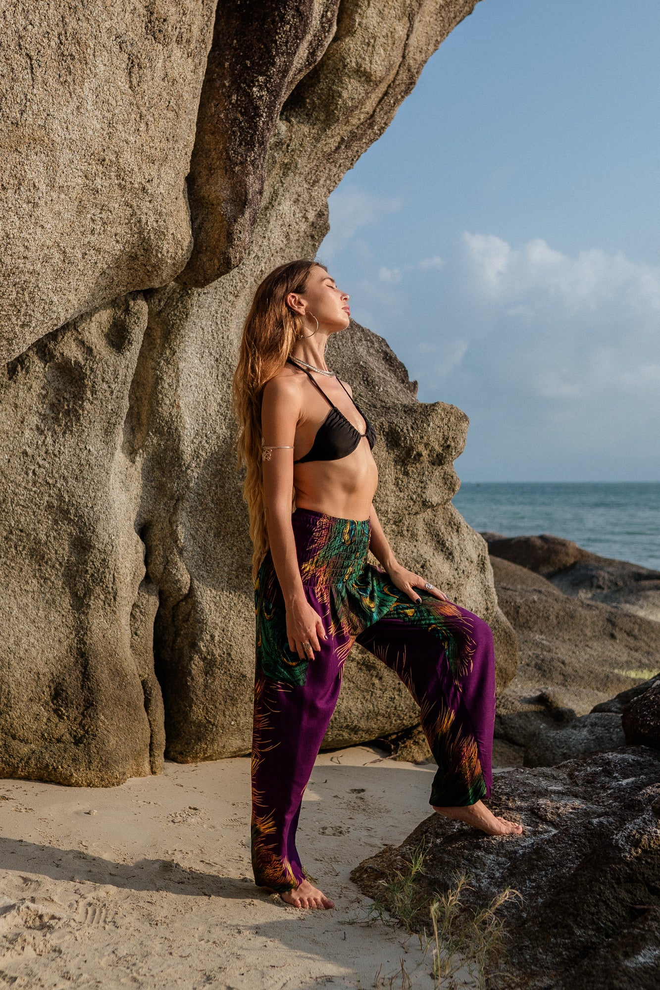 High Crotch Harem Pants - Flame Peacock Feather - Purple