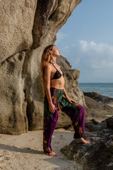 High Crotch Harem Pants - Flame Peacock Feather - Purple