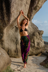 High Crotch Harem Pants - Flame Peacock Feather - Purple