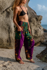 High Crotch Harem Pants - Flame Peacock Feather - Purple