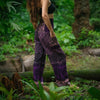 Purple elephant print warm harem blanket pants with smocked waistband and side pockets, soft cashmilon fleece-style trousers for yoga, lounging, festivals and boho wear