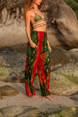 High Crotch Harem Pants - Flame Peacock Feather - Red
