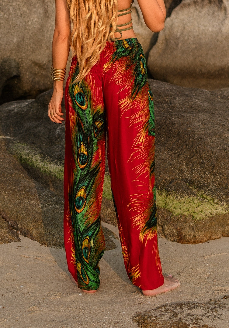 High Crotch Harem Pants - Flame Peacock Feather - Red