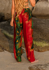 High Crotch Harem Pants - Flame Peacock Feather - Red