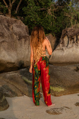 High Crotch Harem Pants - Flame Peacock Feather - Red