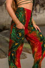 High Crotch Harem Pants - Flame Peacock Feather - Red