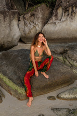 High Crotch Harem Pants - Flame Peacock Feather - Red