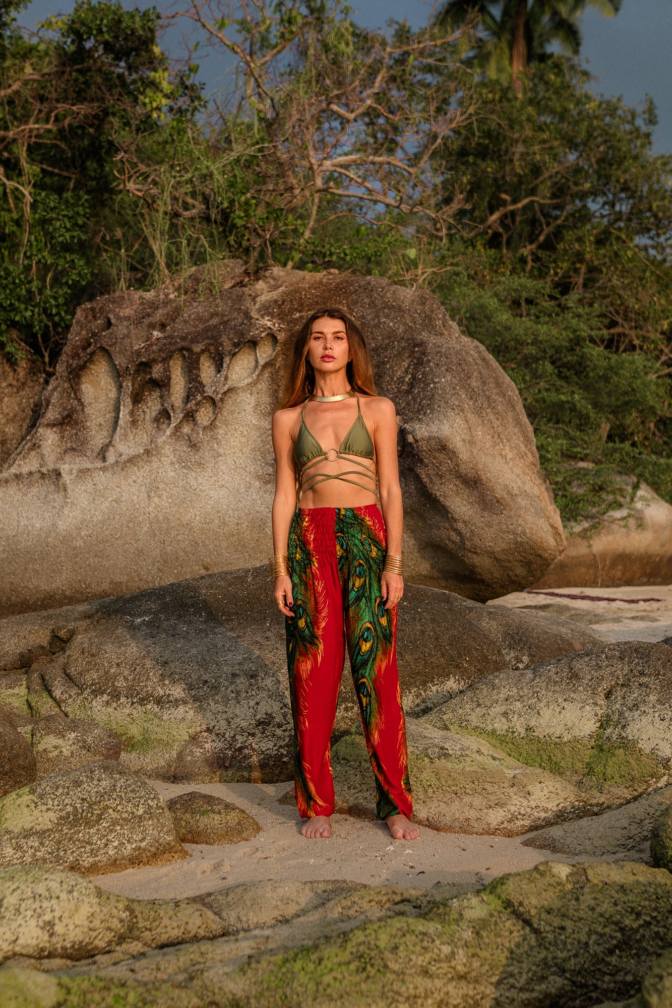 High Crotch Harem Pants - Flame Peacock Feather - Red