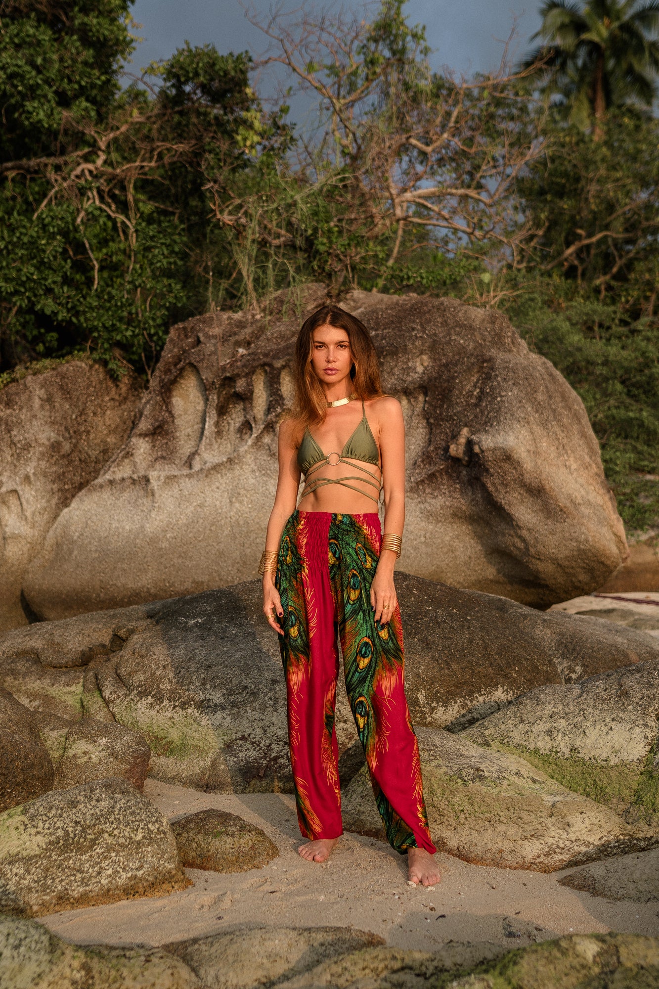 High Crotch Harem Pants - Flame Peacock Feather - Red