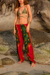 High Crotch Harem Pants - Flame Peacock Feather - Red