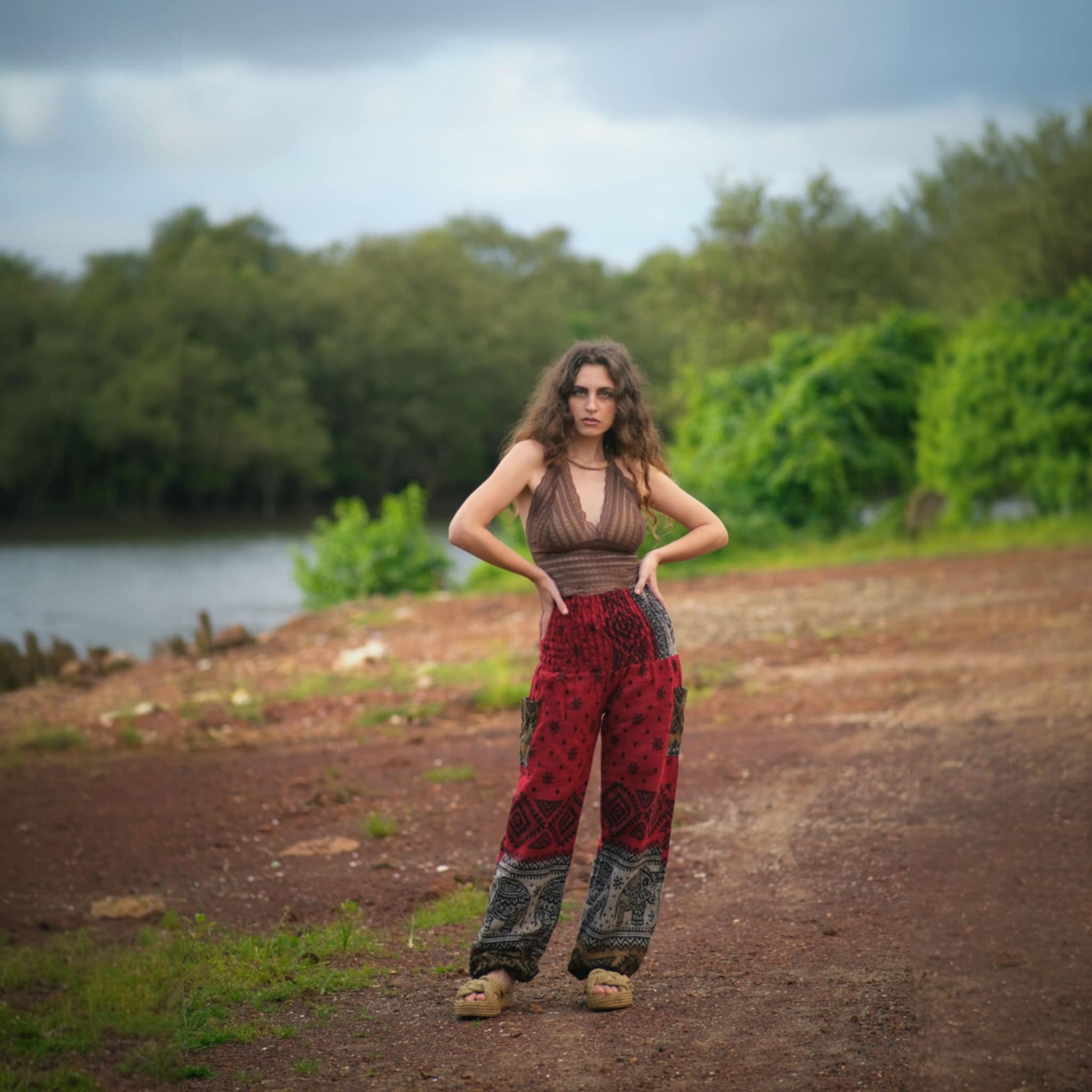 Elephant Print Warm Harem Blanket Pants with Pockets - Red