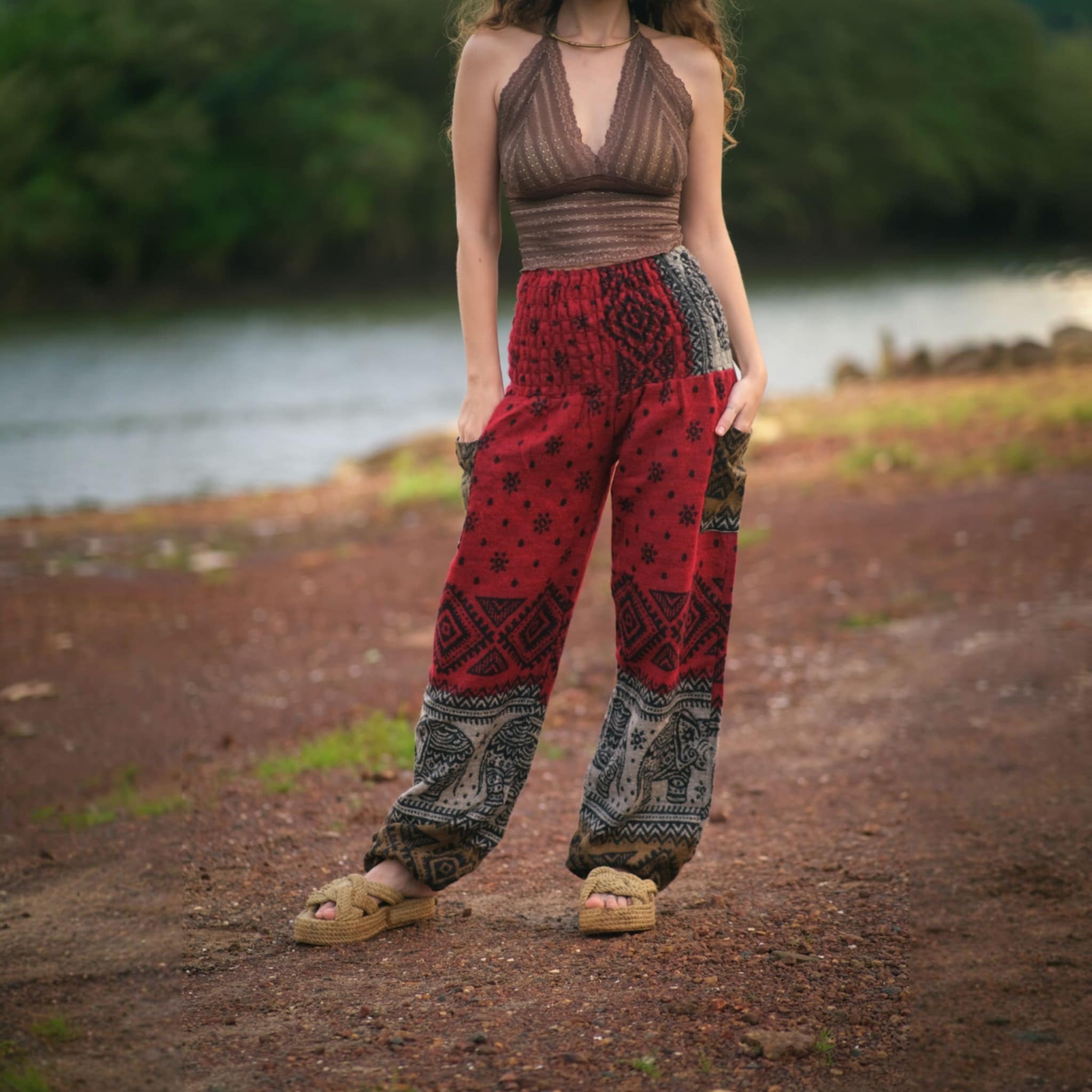Elephant Print Warm Harem Blanket Pants with Pockets - Red