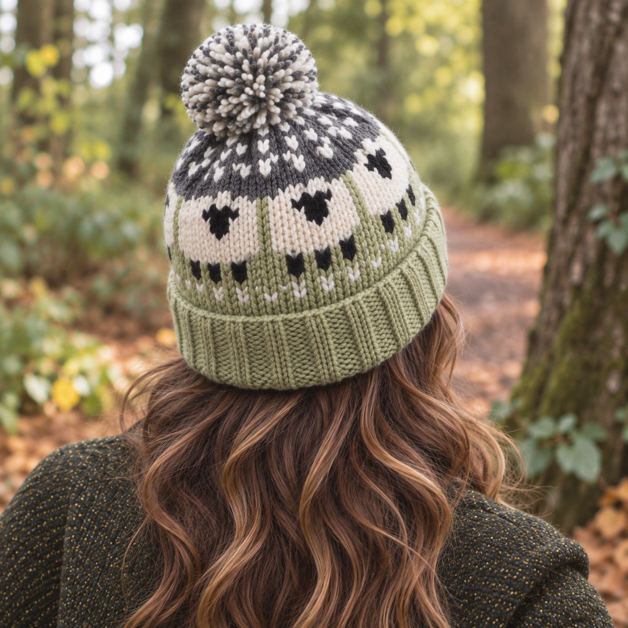 Sage Green Sheep Wool Hat with Pom Pom - Fleece Lined