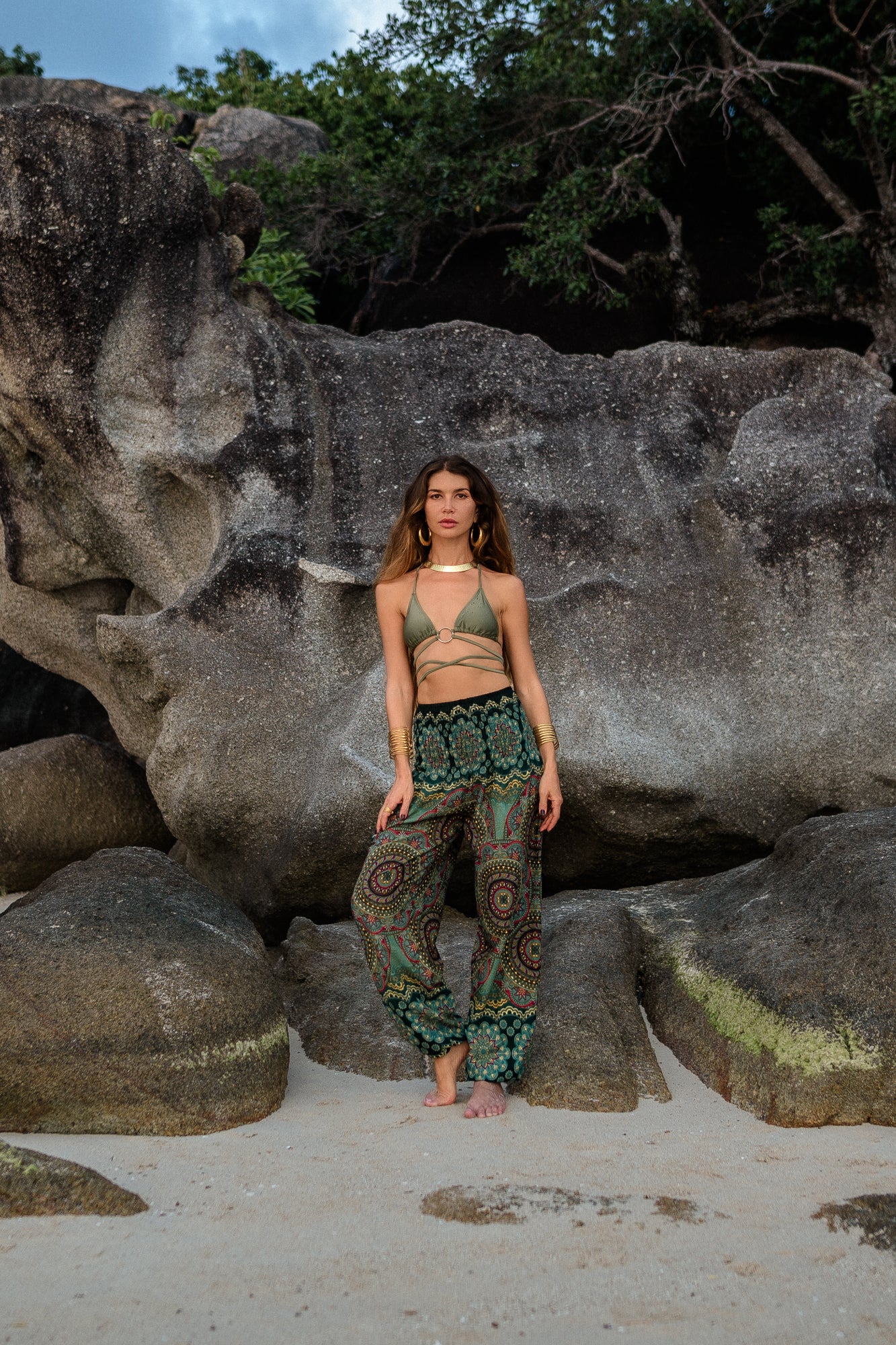 High Crotch Harem Pants - Geometric Mandala - Sea Green