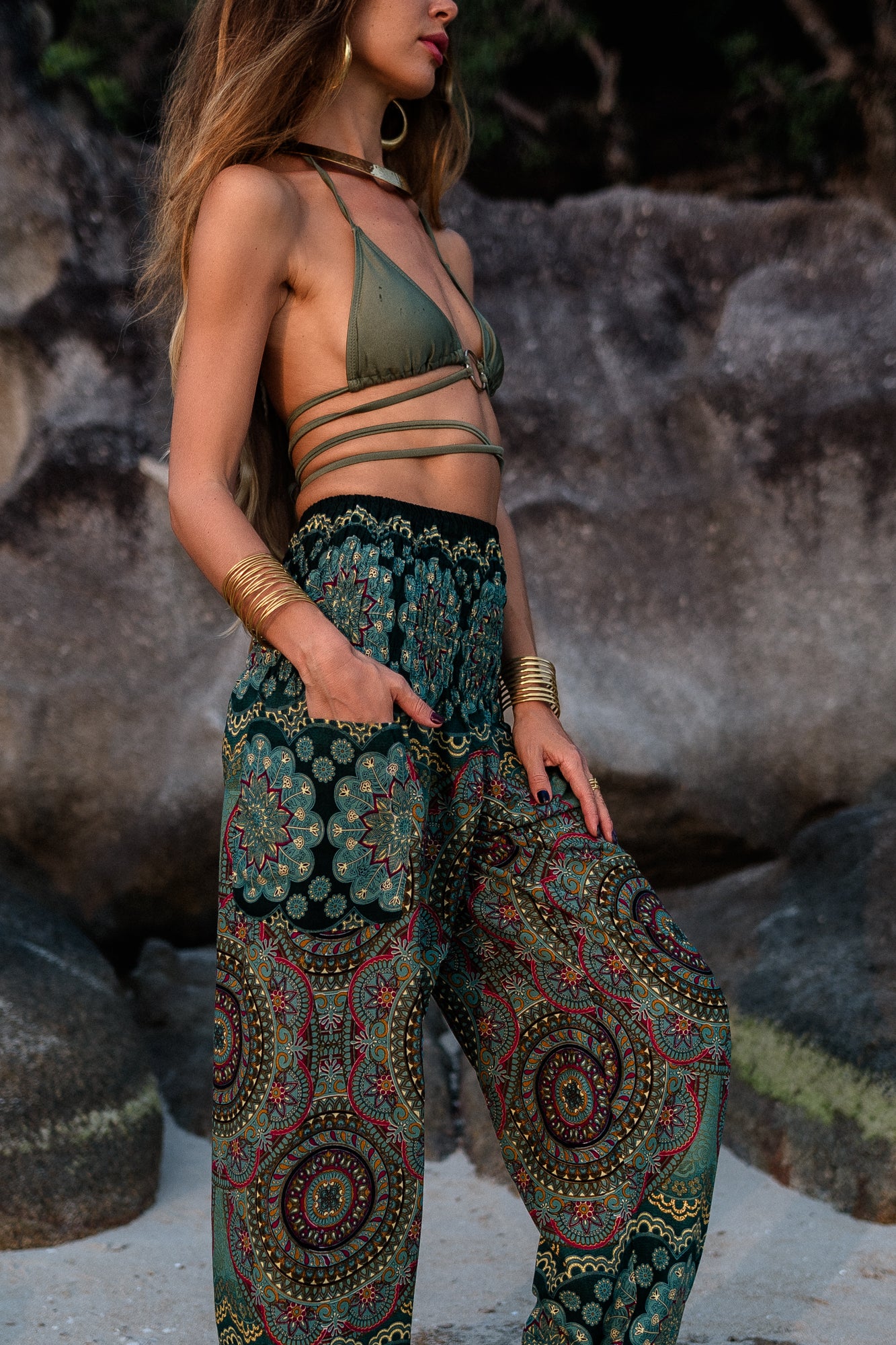 High Crotch Harem Pants - Geometric Mandala - Sea Green