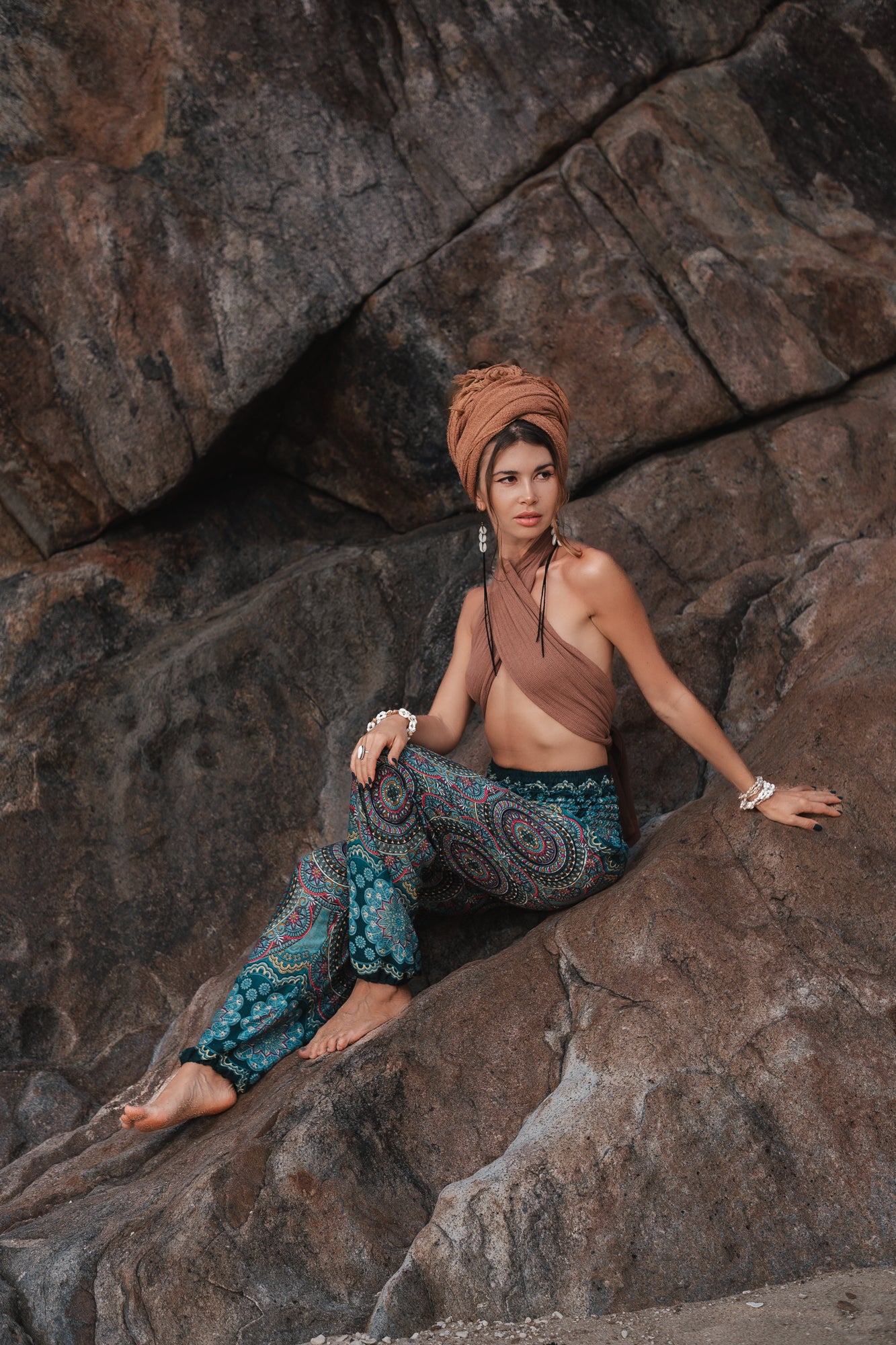 High Crotch Harem Pants - New Mandala Print - Sea Green
