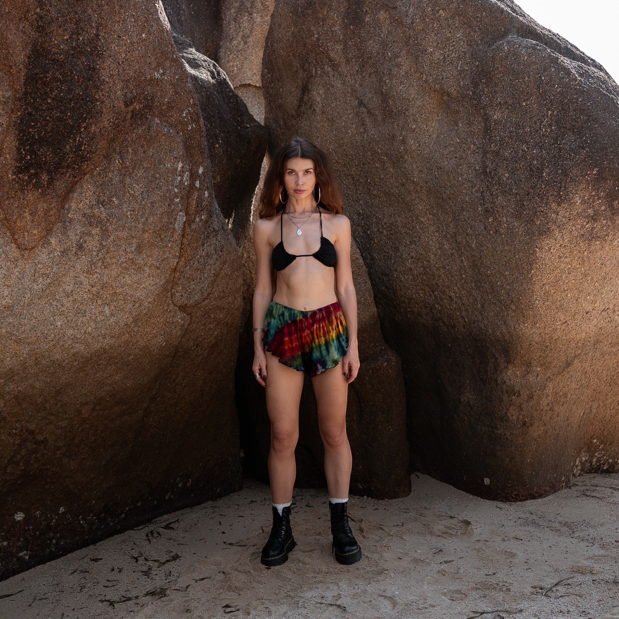 Sea Green Rainbow Tie Dye Boho Shorts | Festival Summer Wear