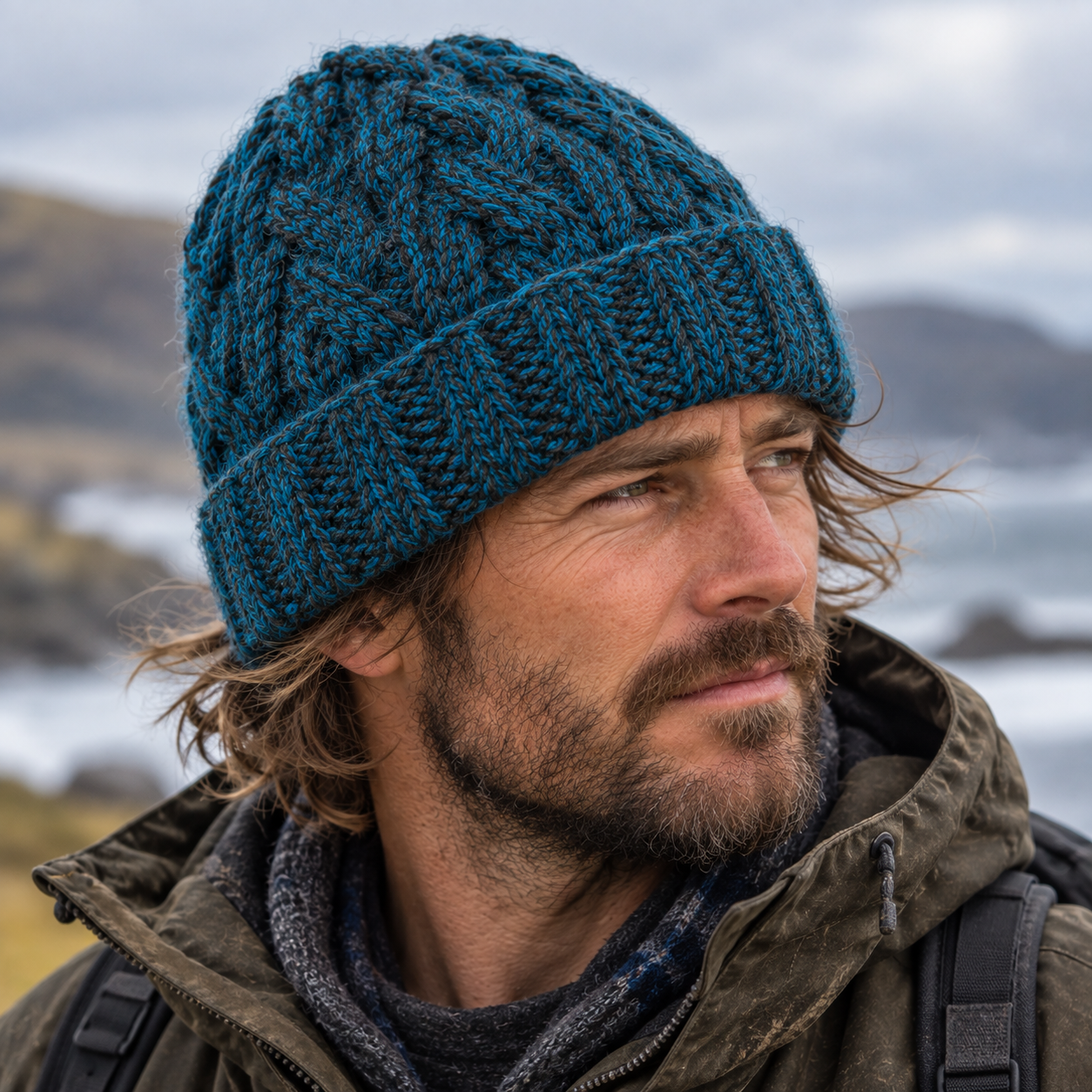 Teal & Charcoal Cableknit Wool Hat - Fleece Lined