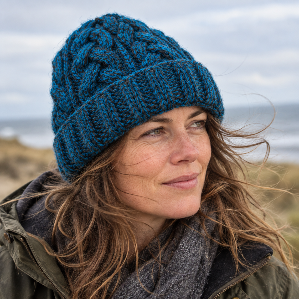 Teal & Charcoal Cableknit Wool Hat - Fleece Lined