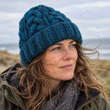 Teal & Charcoal Cableknit Wool Hat - Fleece Lined