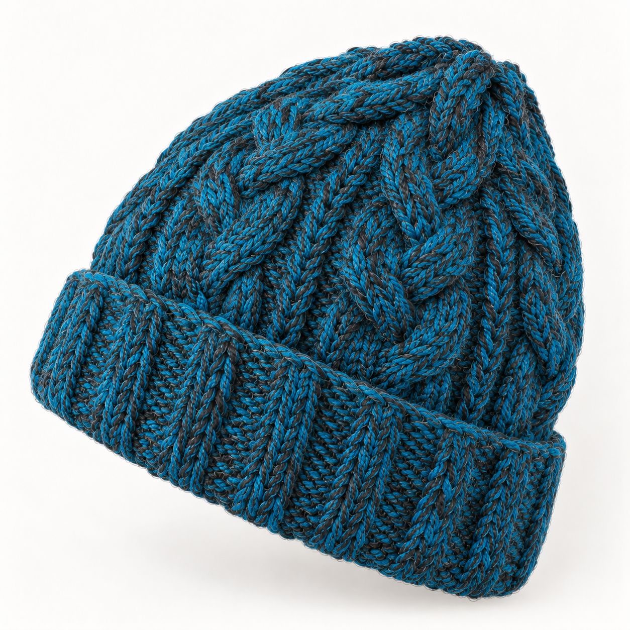 Teal & Charcoal Cableknit Wool Hat - Fleece Lined