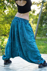 Teal Cotton Harem Pants with Embroidered Butterfly