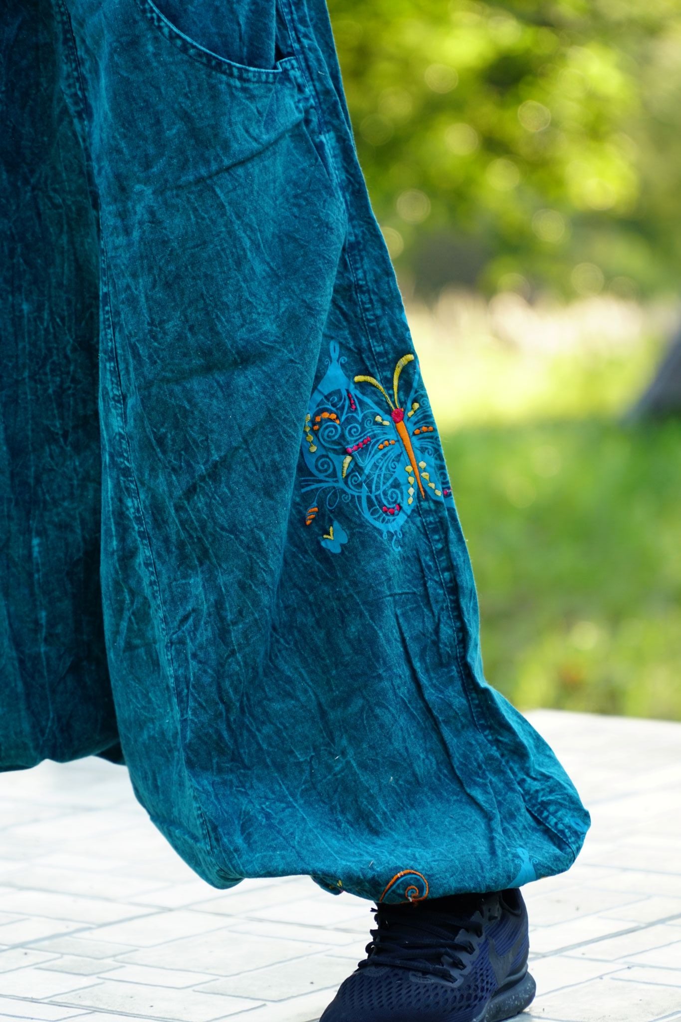 Teal Cotton Harem Pants with Embroidered Butterfly
