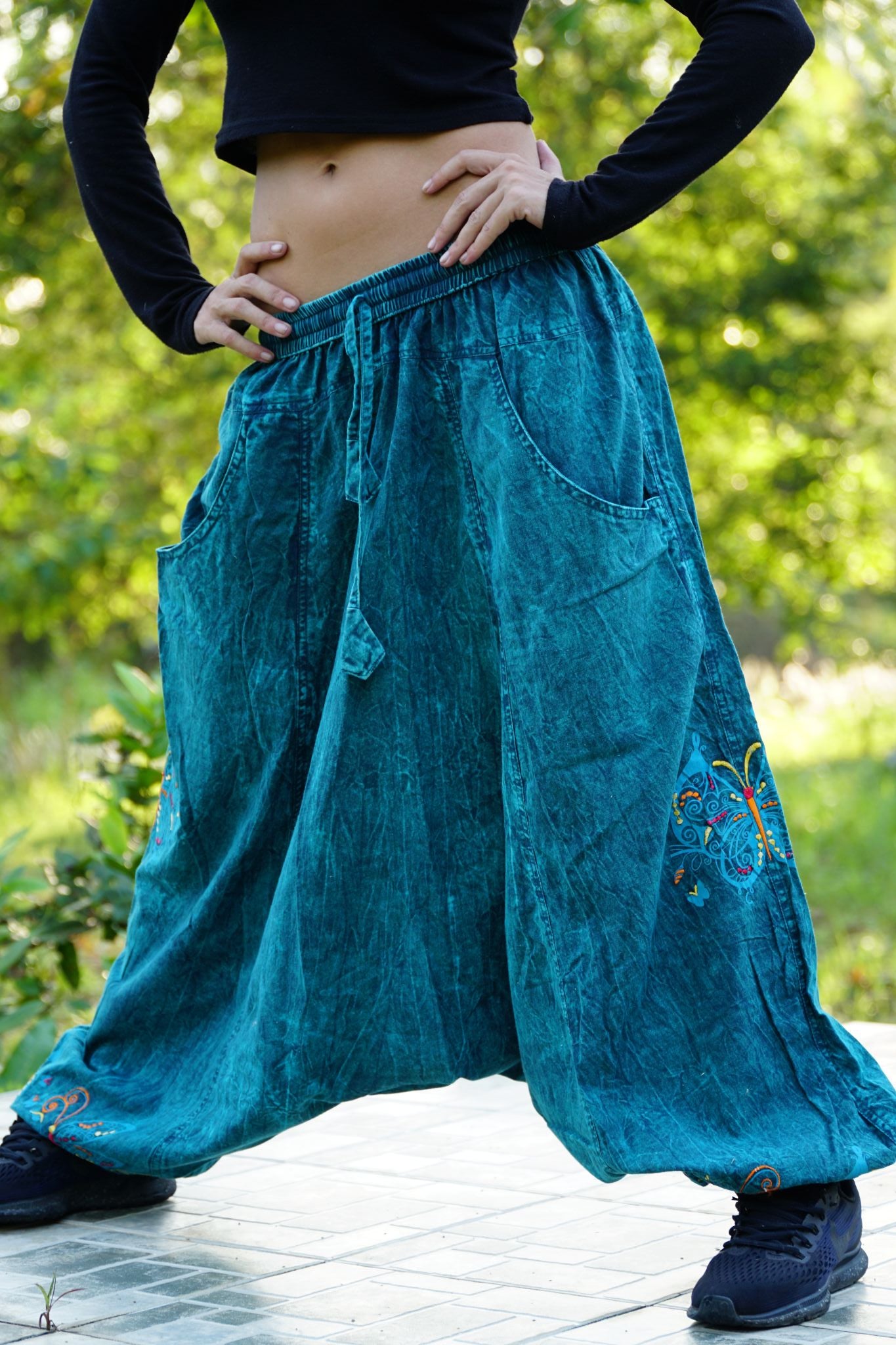 Teal Cotton Harem Pants with Embroidered Butterfly