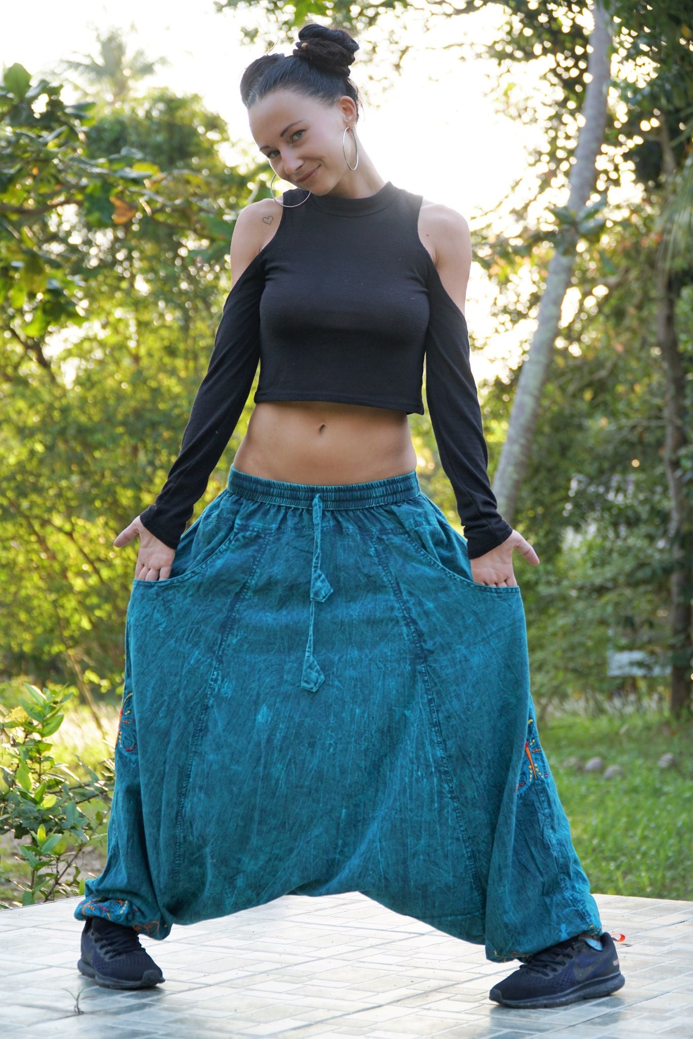 Teal Cotton Harem Pants with Embroidered Butterfly