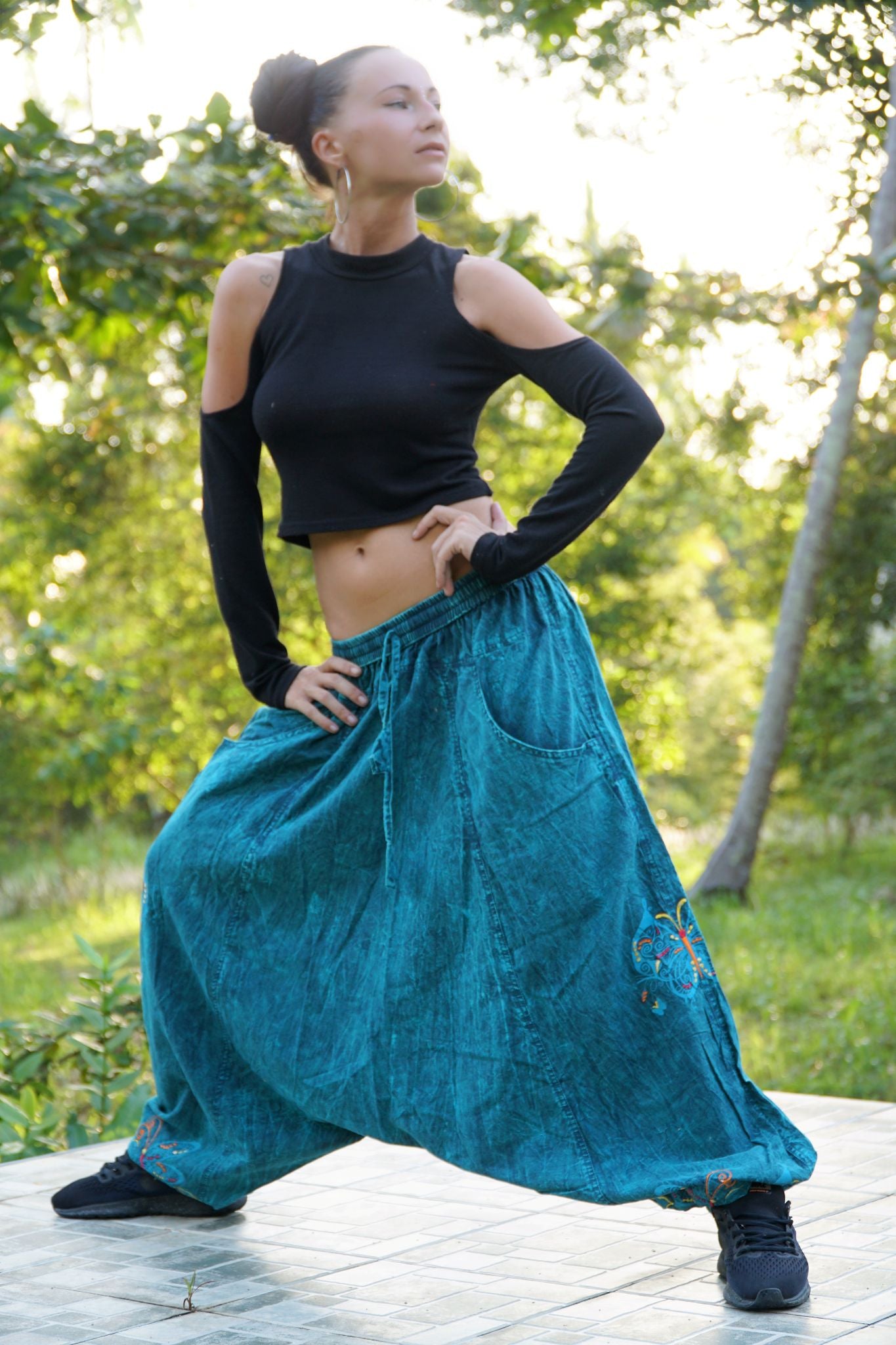 Teal Cotton Harem Pants with Embroidered Butterfly