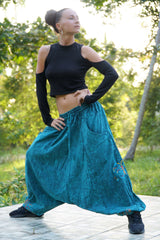 Teal Cotton Harem Pants with Embroidered Butterfly