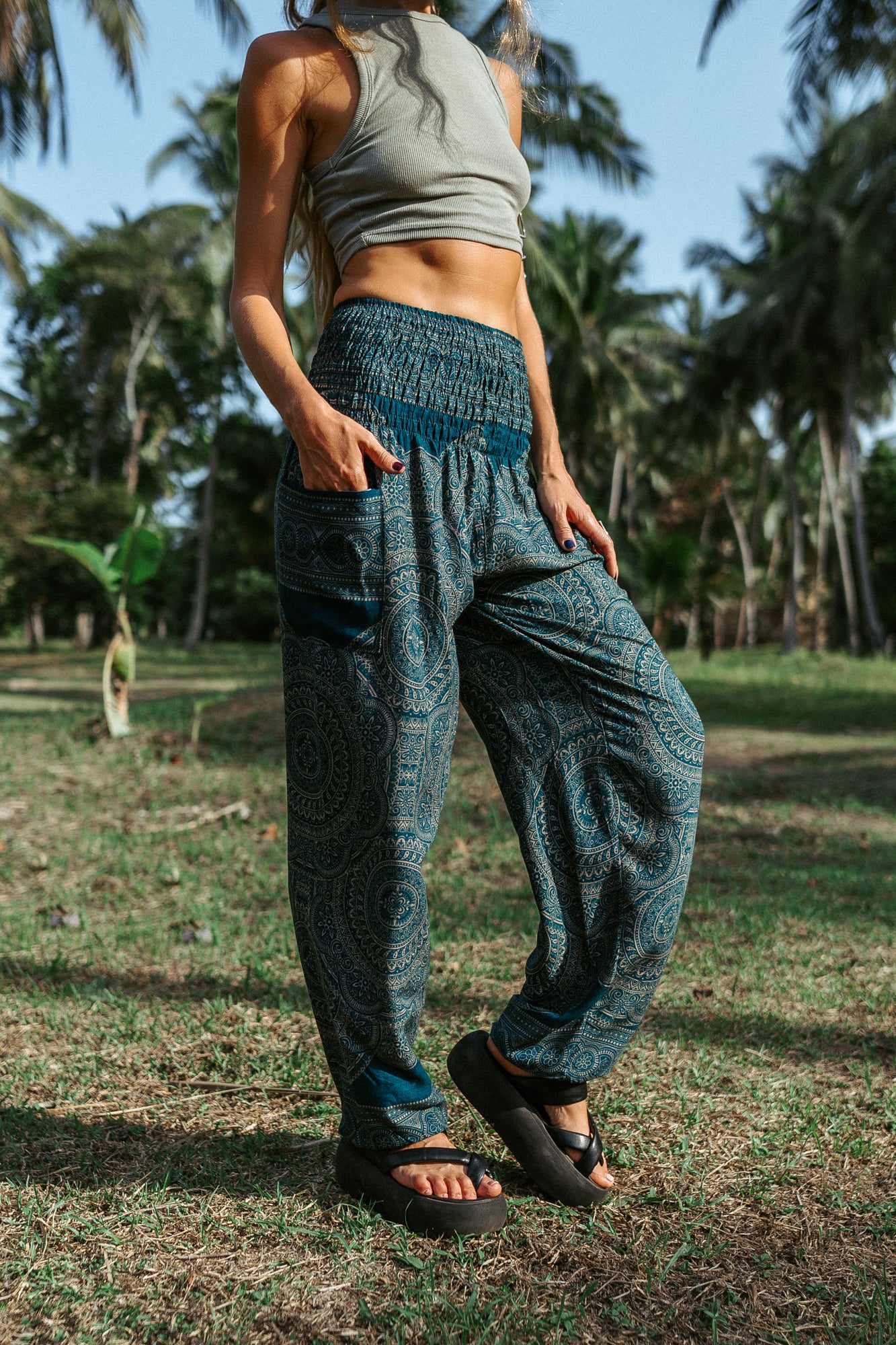 High Crotch Harem Pants - Intricate Mandala - Teal