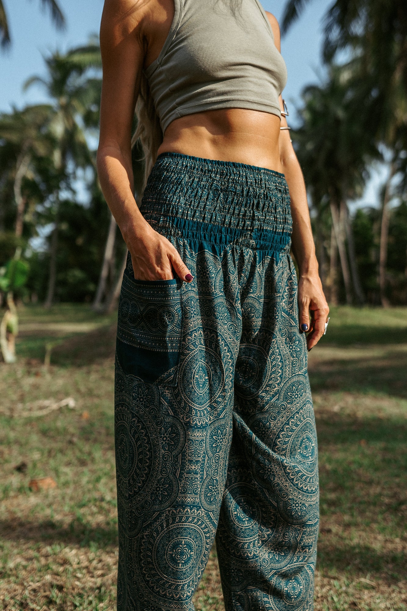 High Crotch Harem Pants - Intricate Mandala - Teal