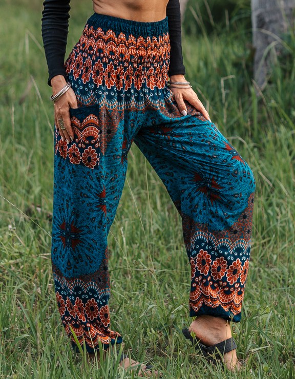 High Crotch Harem Pants - Peacock Feather Mandala - Teal