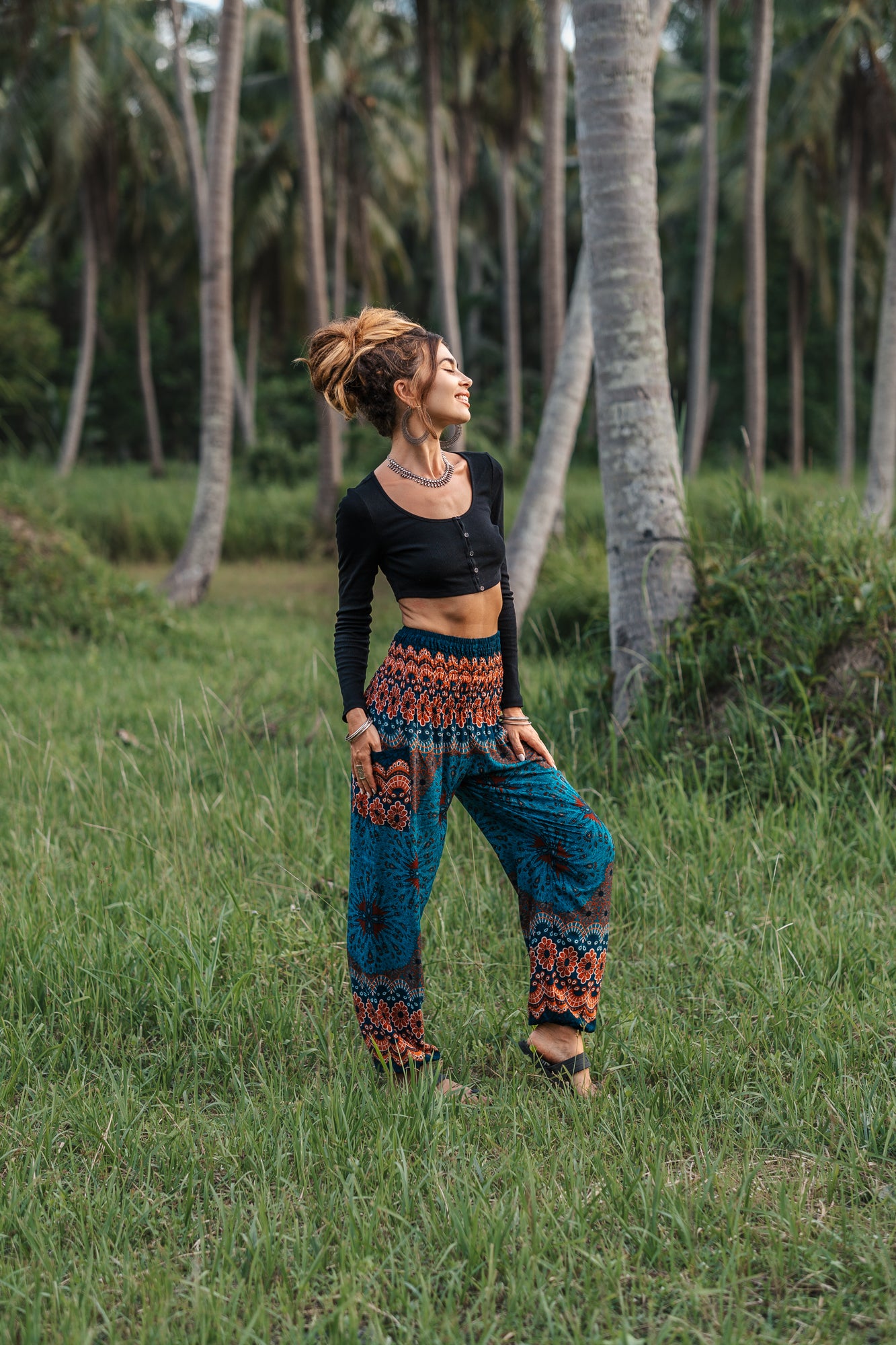 High Crotch Harem Pants - Peacock Feather Mandala - Teal