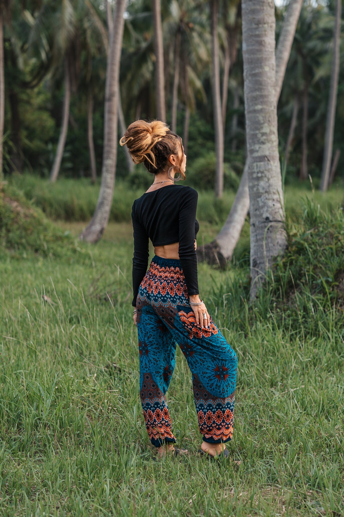 High Crotch Harem Pants - Peacock Feather Mandala - Teal