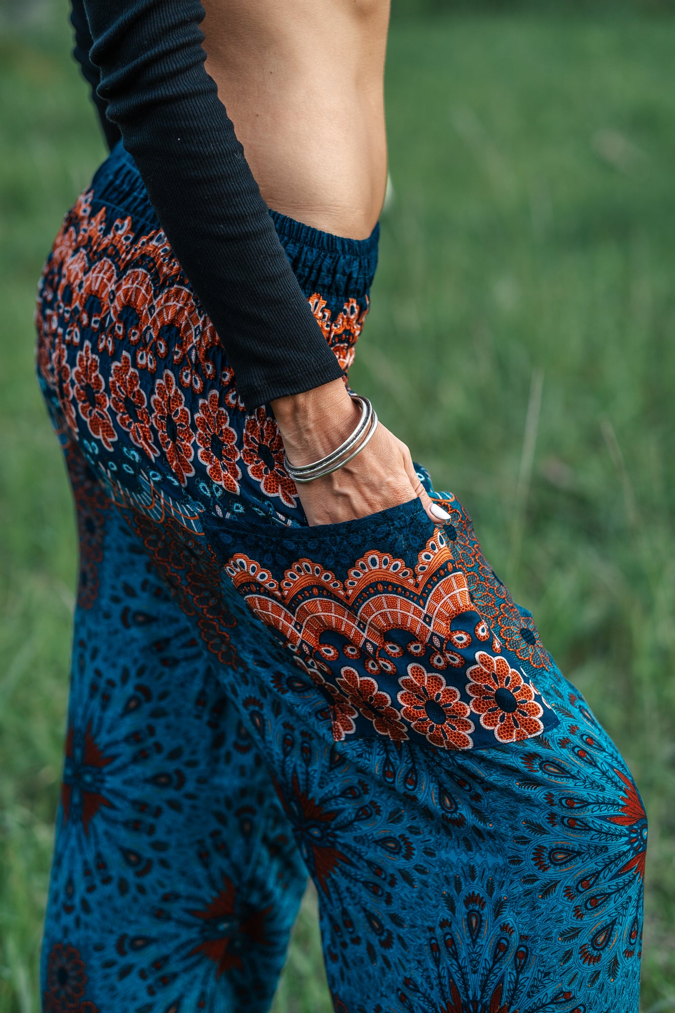 High Crotch Harem Pants Peacock Feather Mandala Teal