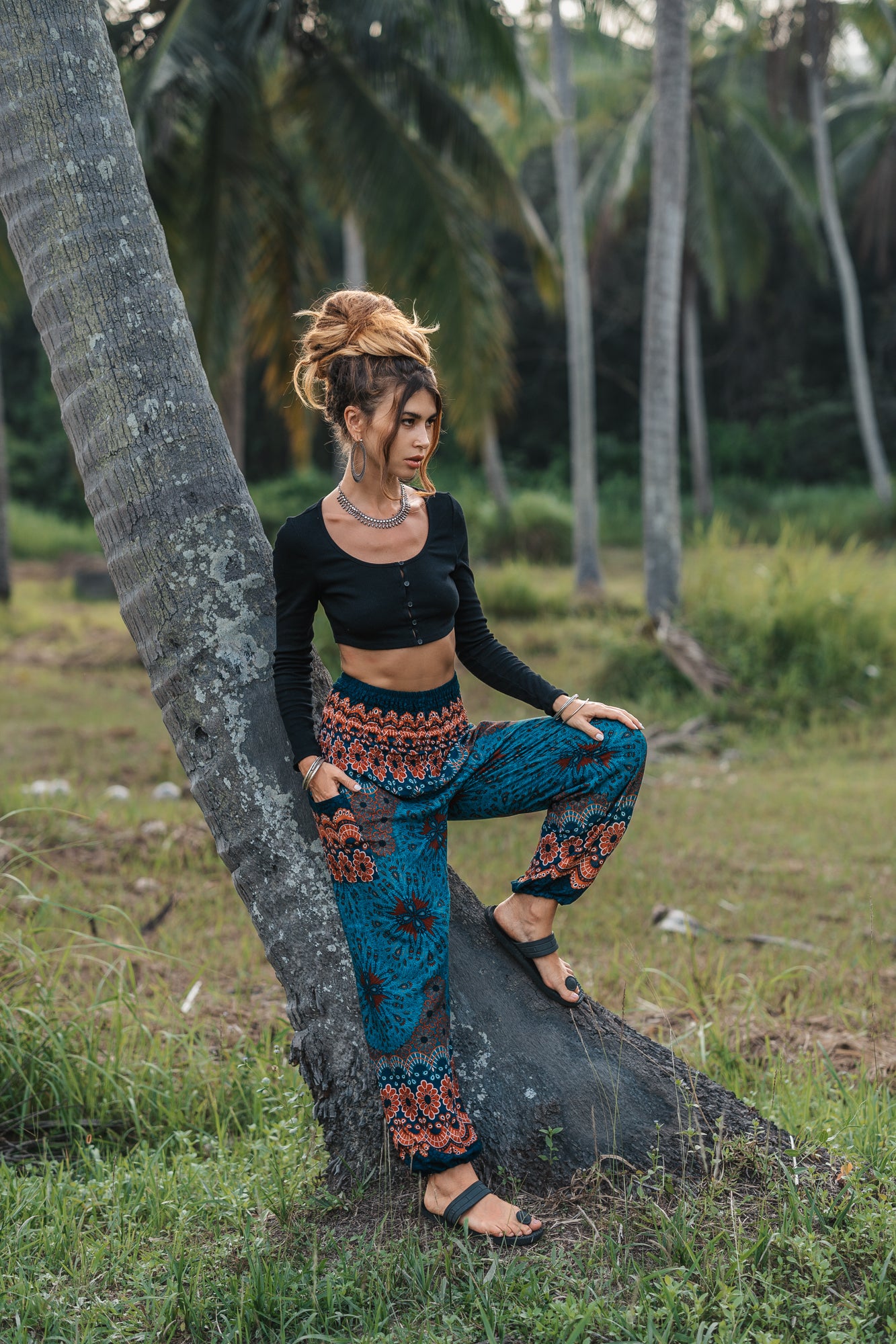 High Crotch Harem Pants - Peacock Feather Mandala - Teal