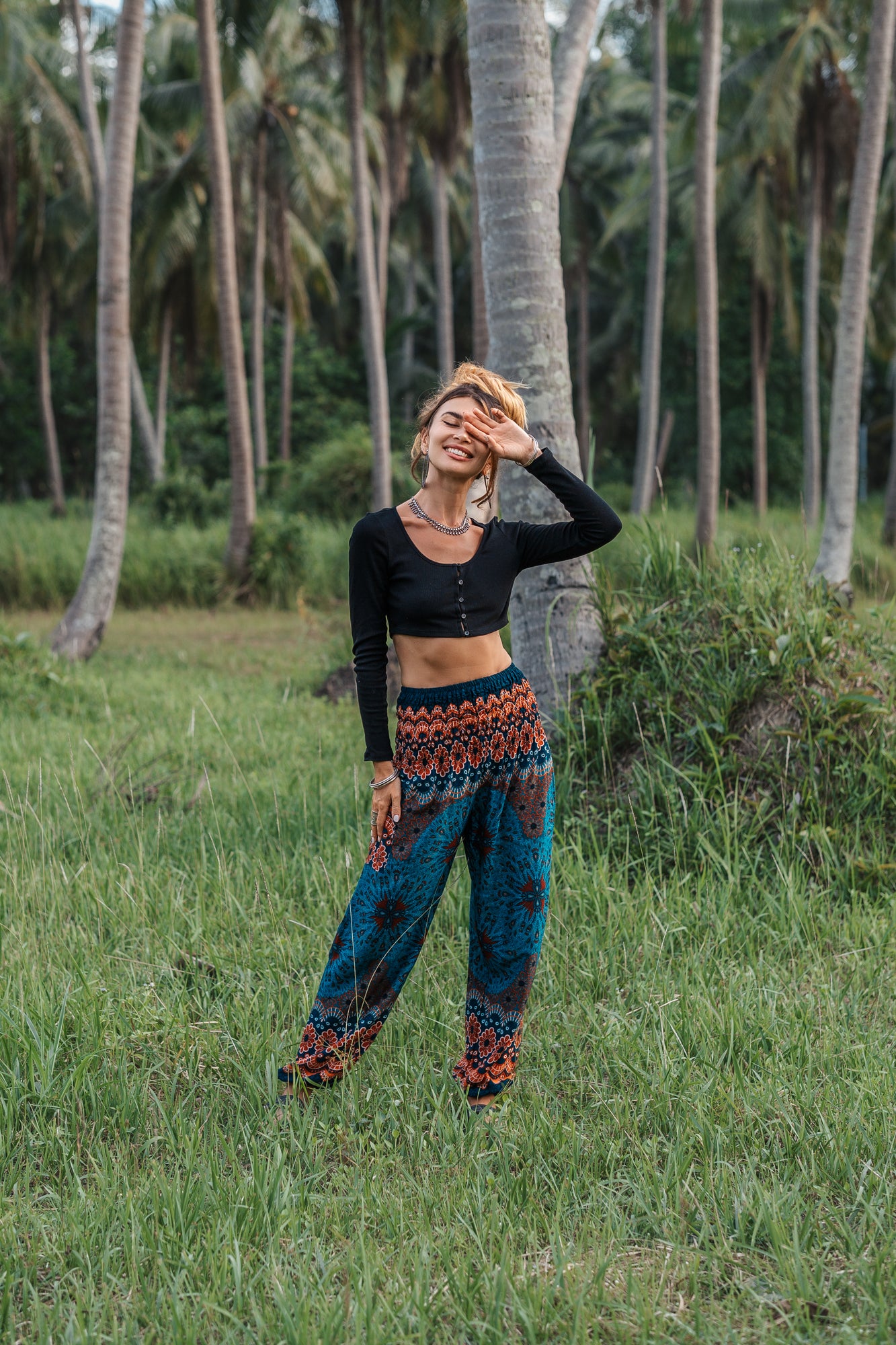 High Crotch Harem Pants - Peacock Feather Mandala - Teal