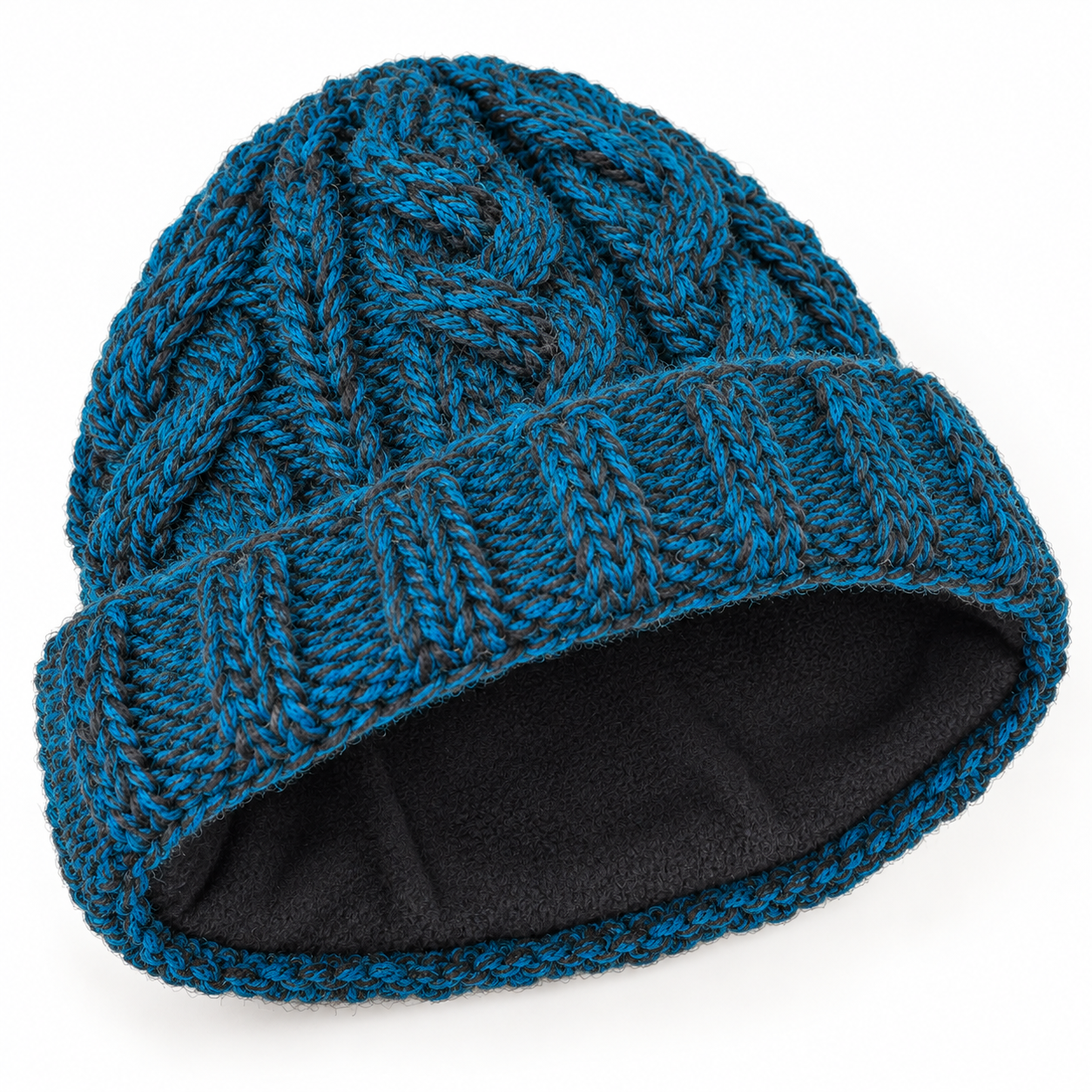 Teal & Charcoal Cableknit Wool Hat - Fleece Lined