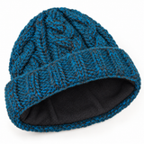 Teal & Charcoal Cableknit Wool Hat - Fleece Lined