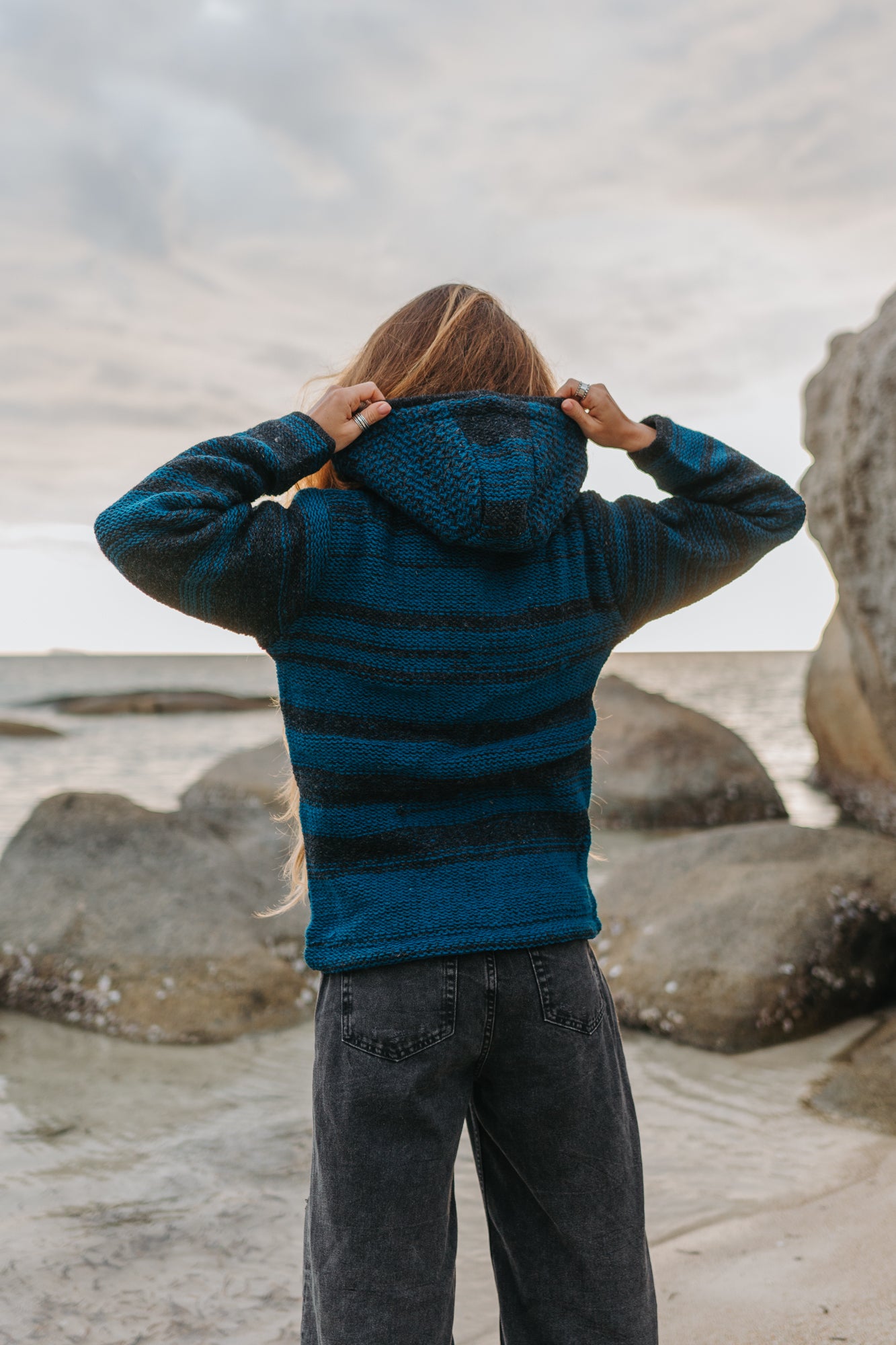 Wool Jacket - Eyelet Pattern - Teal/Charcoal