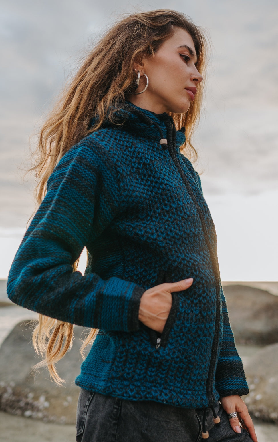 Wool Jacket - Eyelet Pattern - Teal